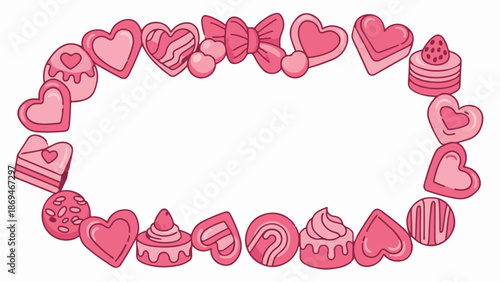 Pink heart-shaped cookies and cakes frame a sweet, decorative space