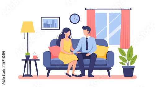 Couple sitting together on a couch in a cozy living room with a lamp and plants nearby