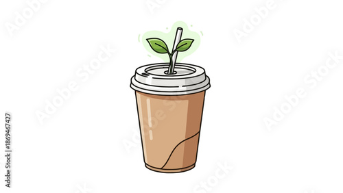 Eco friendly coffee cup with green leaves growing from straw representing sustainable recycling and environmental conservation for biodegradable packaging and nature friendly beverage container use
