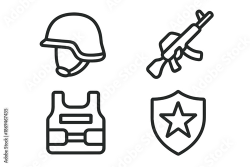 Minimalist icons of military helmet rifle body armor and shield