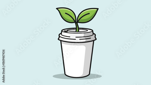 Minimalist eco friendly white coffee cup with green plant sprout growing out of top for environmental sustainability and biodegradable material concept on soft blue background for green marketing