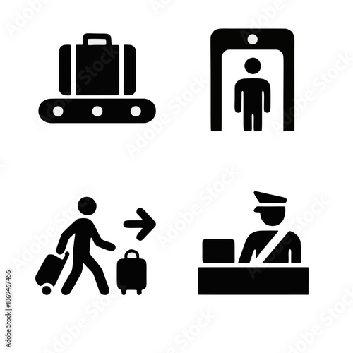 A set of airport terminal icons: baggage claim, security, gates, customs.