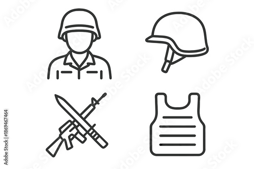 Military symbols set: soldier, helmet, rifle, body armor icons