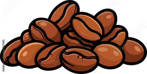 Pile of roasted brown coffee beans with black outlines