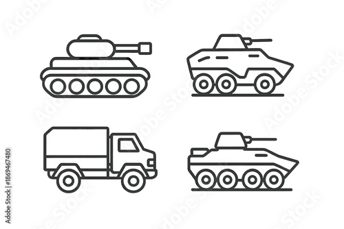 Vector icons of military vehicles: tanks, armored cars, trucks