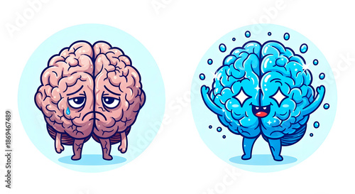 Sad brain with low water level and happy brain fully hydrated. Hydration concept for healthy mind and good mood. Educational illustration