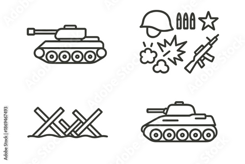 Outline of military tanks and warfare icons with weapons and explosions