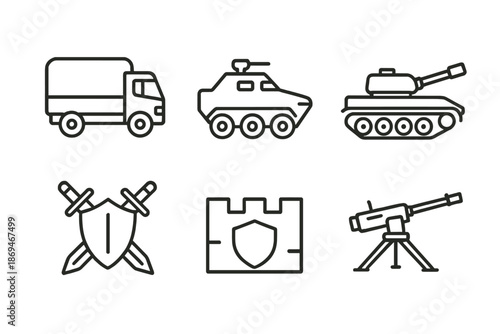 Military vehicles and defense icons set featuring truck, armored car, tank, shield, castle, telescope