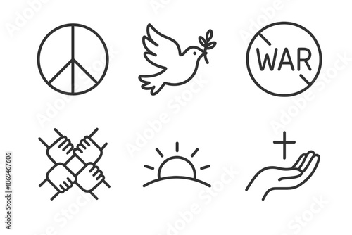 Symbols of peace and unity: dove, peace sign, hands, sunrise, and hope