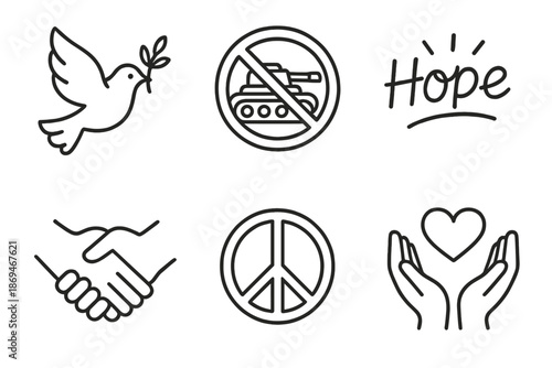 Peace symbols collection: dove, no war, hope, handshake, peace sign, heart hands