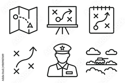 Military strategy icons - maps, plans, officer, tactical symbols, directional arrows