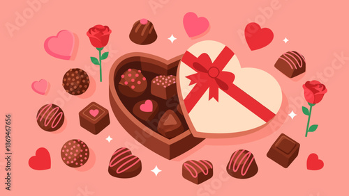 Heartfelt Chocolates and Roses in a Heart-Shaped Box on a Pink Background