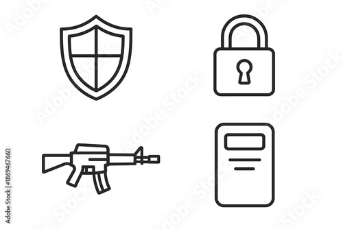 Security symbols: shield, lock, rifle, and riot gear in line art