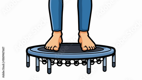 Person's bare feet on a trampoline mat, wearing blue pants