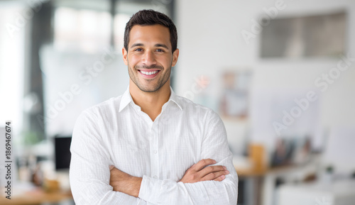 Confident smiling asian businessman with dark hair and light skin tone wearing a white dress shirt in a modern office environment