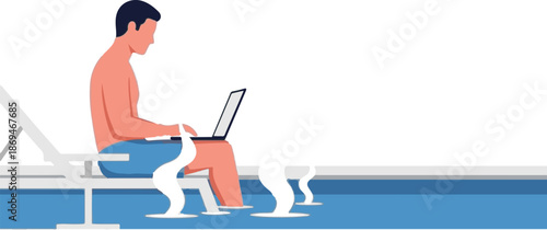 Person works on laptop by a pool on a deck chair