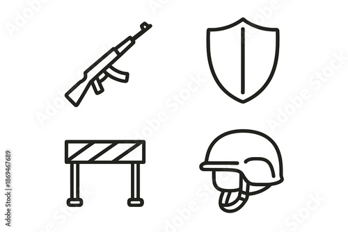 Outline icons of rifle, shield, barrier, helmet for security and safety concepts
