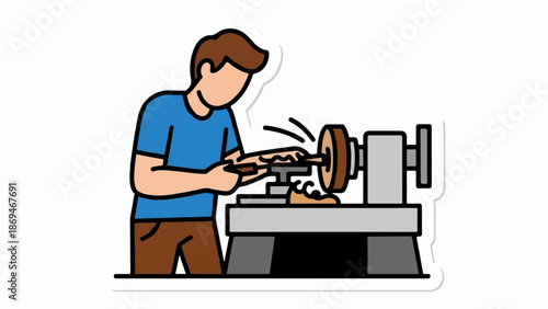 Person working with wood on a lathe, creating a round object