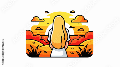 Person with blond hair facing a stylized sunset over rolling hills