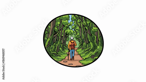 Person walks on a path through a lush, green forest