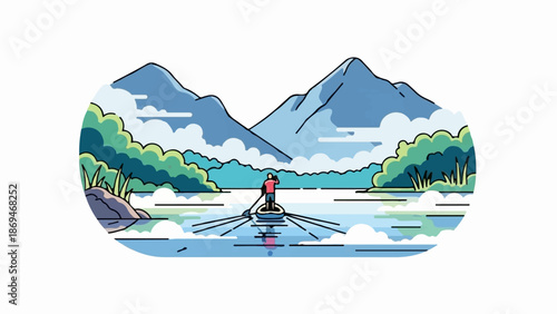 Person rowing a boat on a lake with mountains in the background