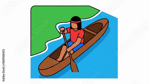 Person paddling a canoe near a green shore in blue water