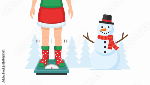 Person on scale with snowman and winter trees