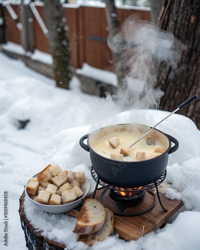 Steaming cheese fondue with bread served outdoors in a snowy winter setting.