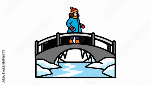Person on a snowy bridge over icy water