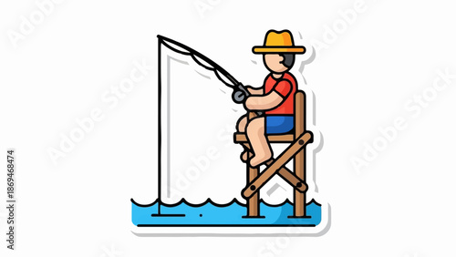 Person on a wooden structure fishing in blue water, wearing a hat