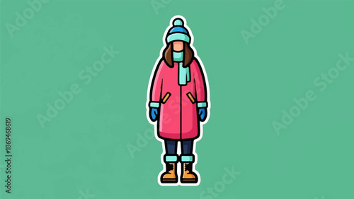 Person in winter attire, pink coat, blue accessories, boots