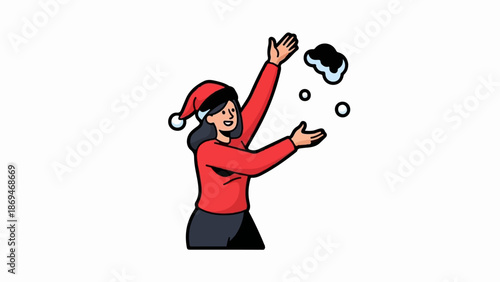 Person in festive hat tossing snowballs