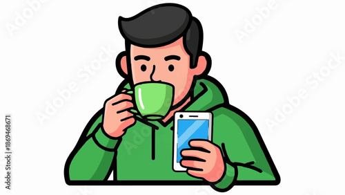 Person in green hoodie sips from green mug while holding smartphone