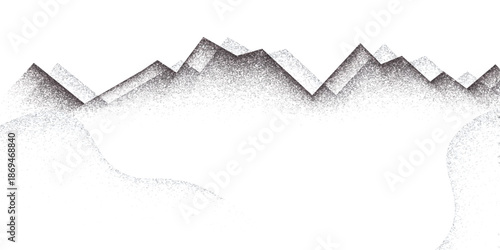 Grain stippled mountains. Dotted landscape and terrain. Black and white grainy hills in dotwork style. Noise stochastic background. Pointillism textured wallpaper. Grunge vector