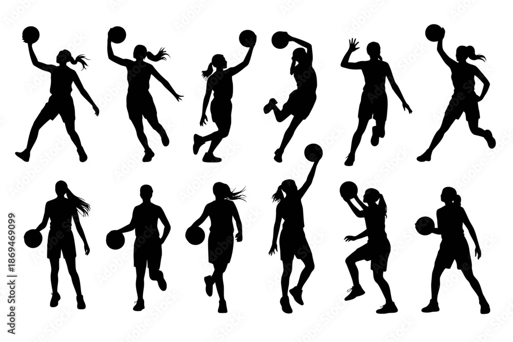Obraz premium Vector silhouettes of high school girls basketball players in action, showcasing dribbling, shooting, and defensive poses for sports illustrations, school team graphics, athletic projects, and educati