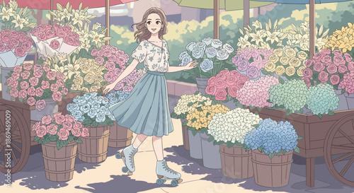 Woman in Floral Top and Skirt at Flower Market.