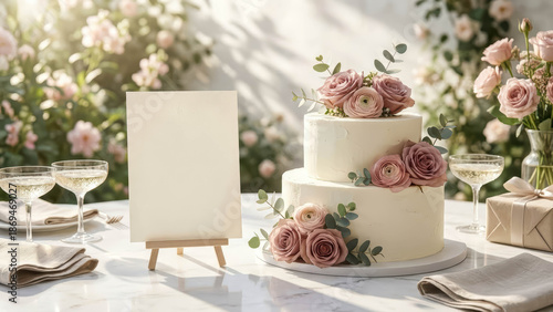 Elegant 70th Birthday Cake With Floral Decoration And Blank Sign Display Elegant Birthday Display