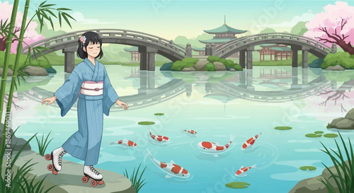 Woman in Kimono by Pond with Koi Fish Illustration.