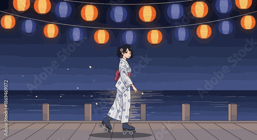Woman in Yukata Under Lanterns A Nighttime Stroll.