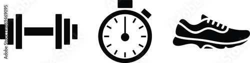 fitness icons with dumbbell stopwatch and sneaker