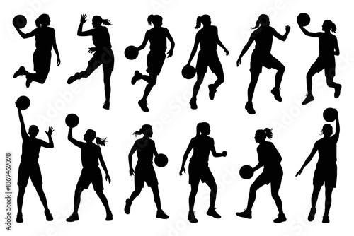 Vector silhouettes of high school girls basketball players in action, showcasing dribbling, shooting, and defensive poses for sports illustrations, school team graphics, athletic projects, and educati