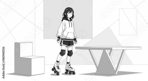 Anime Girl on Roller Skates in Minimalist Room Illustration.