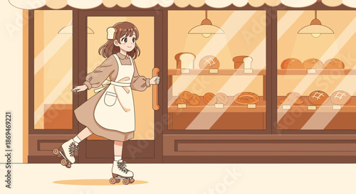 Anime Girl on Roller Skates Outside Bakery Shop.