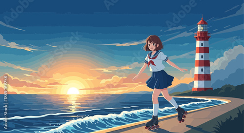 Anime Girl Roller Skating Near Lighthouse at Sunset.