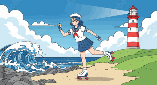 Anime Girl Roller Skating on Beach with Lighthouse Backdrop.