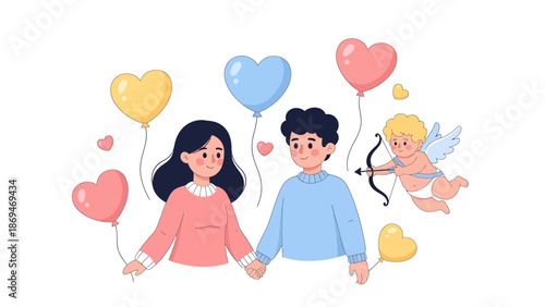 Couple holding hands surrounded by hearts and balloons on a white background with a cherub flying nearby