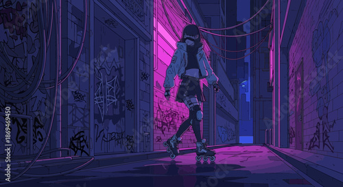 Cyberpunk Girl Walking in Neon Alleyway Futuristic Urban Scene.