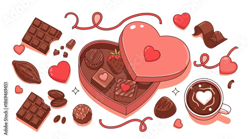 A heart-shaped box filled with chocolates and coffee, surrounded by hearts and ribbons on a white background