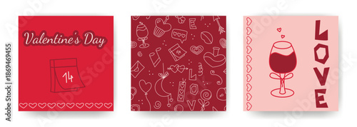 Romantic cards for Valentines Day. Set of square templates with congratulatory text and love illustrations. Social media posts, postcards, brochures, flyers, vector graphics.