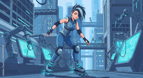 Cyberpunk Roller Skater Girl in Futuristic Cityscape Illustration.